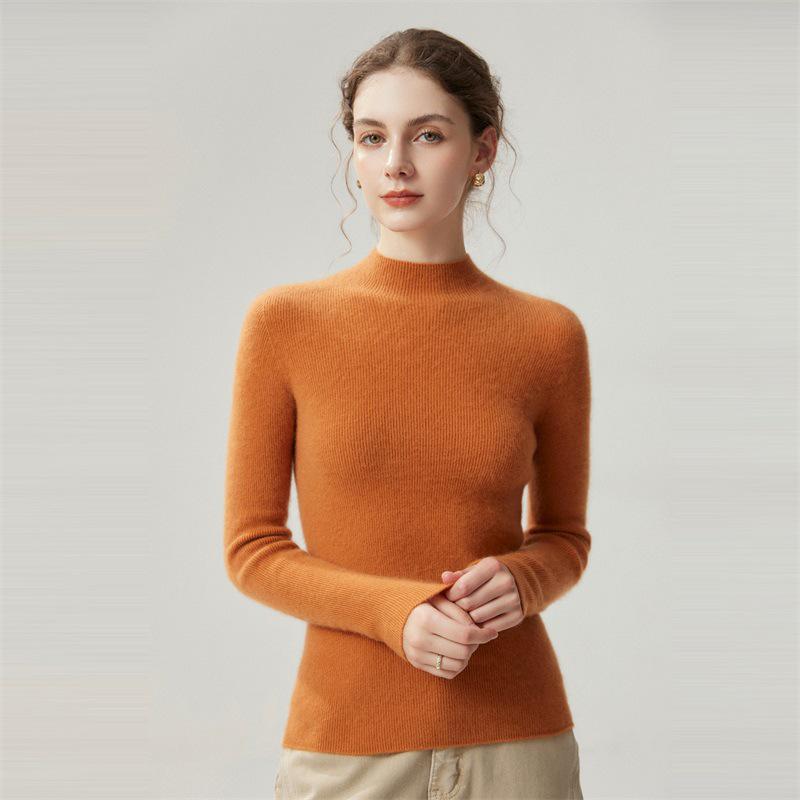 Pure Cashmere Ribbed Half-High Collar Knit Top