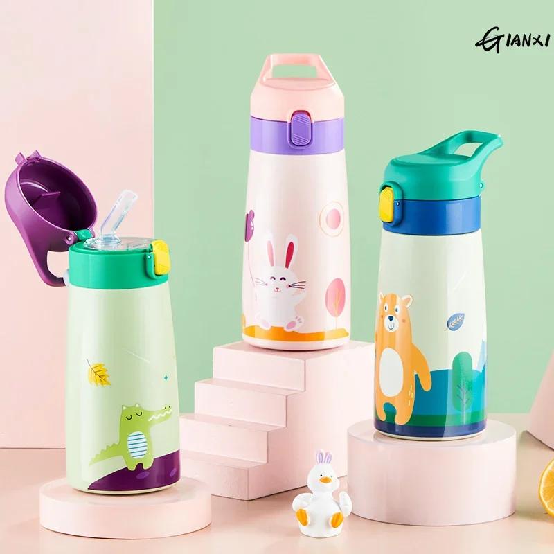 Kids Stainless Steel Straw Thermos Mug With Case Cartoon Leak-Proof Vacuum Flask Children Thermal Water Bottle Thermocup