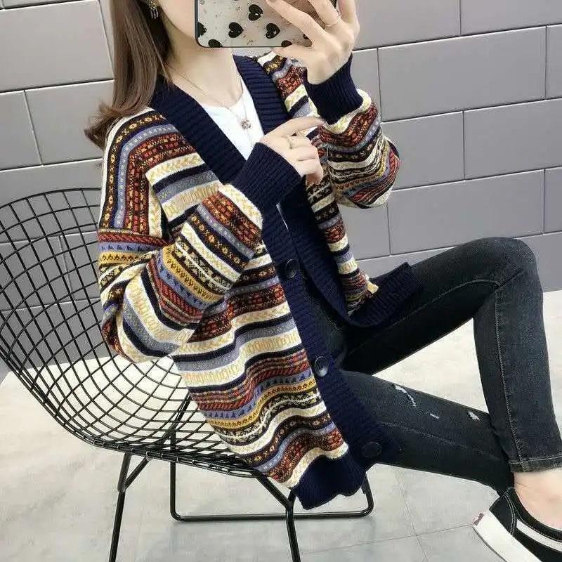 Plus-size Jacket Female Spring and Fall Striped Versatile Casual Knitted Cardigan Comfortable Elastic Loose Jacket