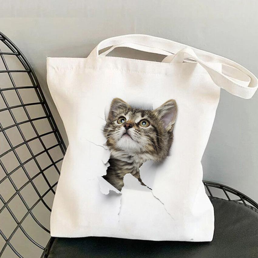 3D Realistic Cute Kitten Print Large Capacity Canvas Tote Bag for Students