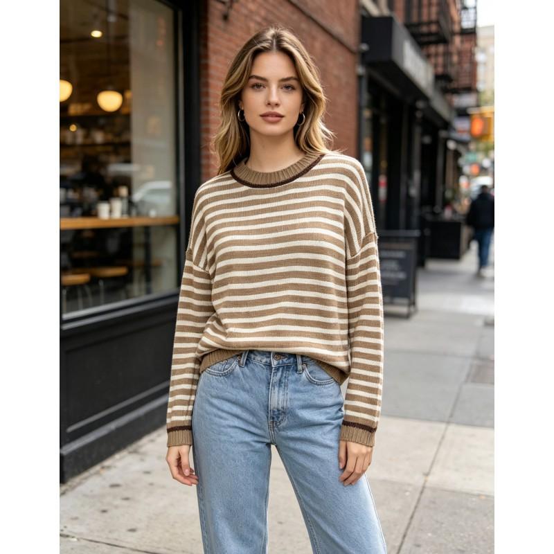 Womens Loose Fit Knit Sweater Long Sleeve Round Neck Striped Casual Pullover