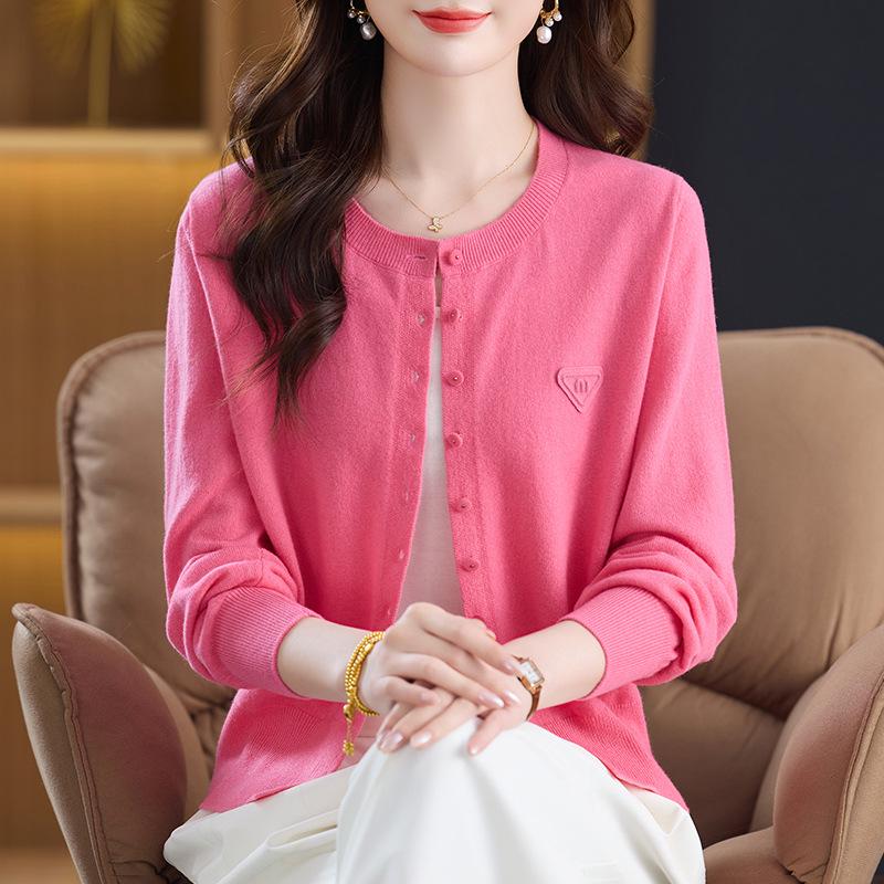 Women's Solid Color Wool Jacquard Long Sleeve Cardigan Sweater