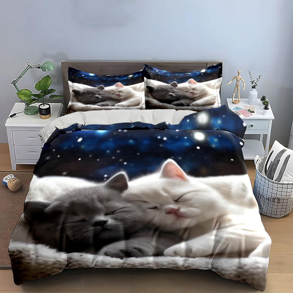 Soft Fluffy Gray White Kittens Sleeping Starry Sky Bedding Set 3pcs Cute Couple Cat print 1 Duvet Cover And 2 Pillowcase Gift