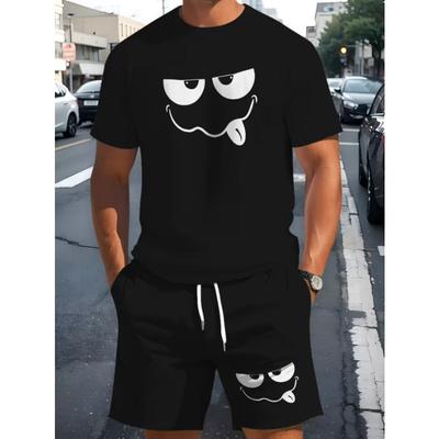 Urban Street Fashion Trend Men's Round Neck Short Sleeved Shorts Set, Outdoor Simple Casual and Comfortable