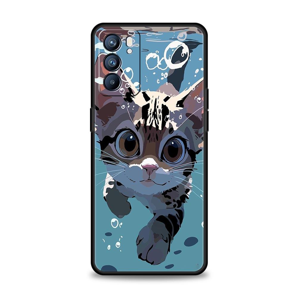 Case For Oppo A54 A53 A52 A9 A15 A95 A17 A16 A76 A74 Find X6 X5 Reno8 Reno7 Reno6 Pro 5G Cover Cartoon Lovely Cat Art Fashion