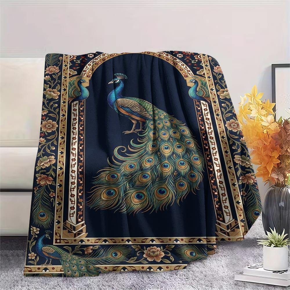 1Pc Peacock Print Flannel Blanket, High quality Comfortable for All Seasons, Home Decor, Warmth and Comfort, Perfect for Christmas Gifts W118