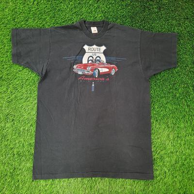 T-shirt Vintage 90s Route 66 Corvette XL/2XL 24x32 Noir USA