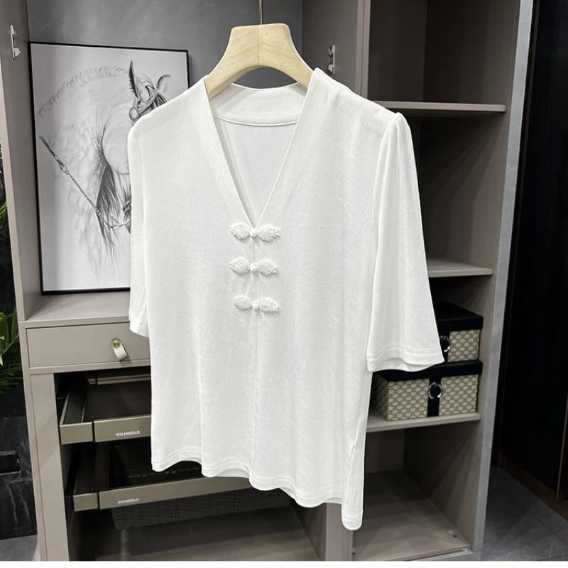 

Ice Silk Short-sleeved T-shirt for Women New National Style Top with Buckle Retro Ethnic Fashion Shirts L білий