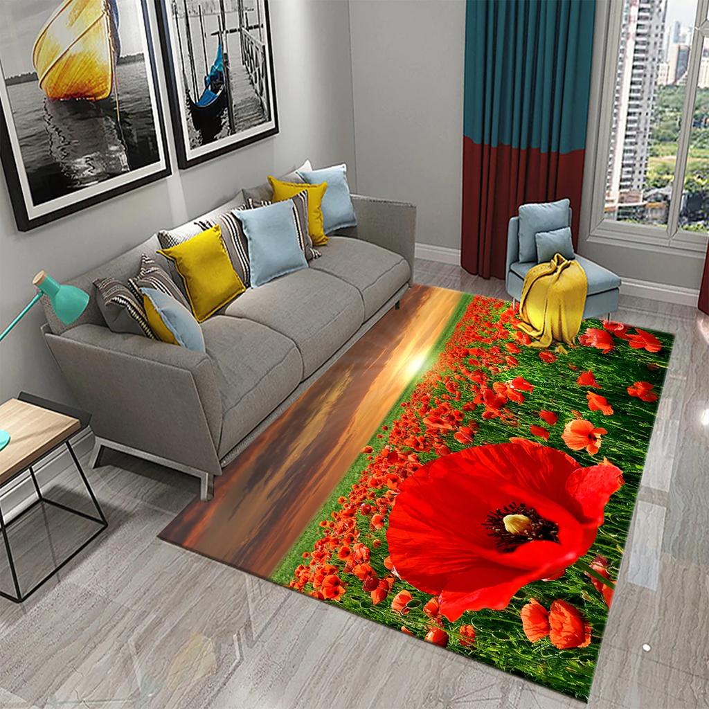 3D Rote Mohnblumen Teppich Romantisches Blumenmeer Teppiche Fußmatte für Badezimmer Küche Eingangsteppiche Schlafzimmer Wohnzimmer Dekor Bereichsteppich