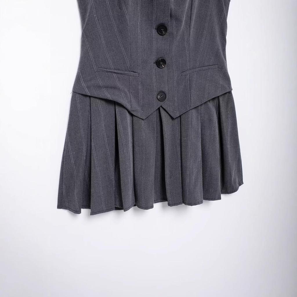 2024 Autumn Women's French V-neck Sleeveless Pleated Striped Vest Dress