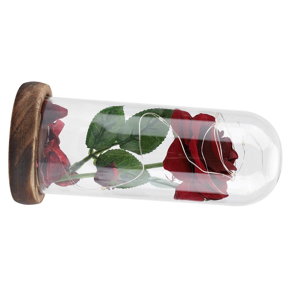 Preserved Rose Flower LED Light with Glass Cover & Wooden Base Valentines Day Wedding Gift Red