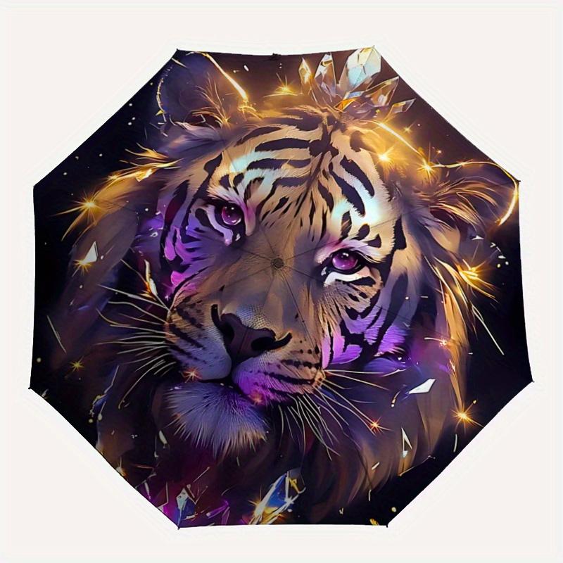 1pc Majestic Tiger with Crystal Crowns Pattern Umbrella, Fashionable, Personalized, High-Value Folding Umbrella, a Must-Have for Summer, 8-Rib Du