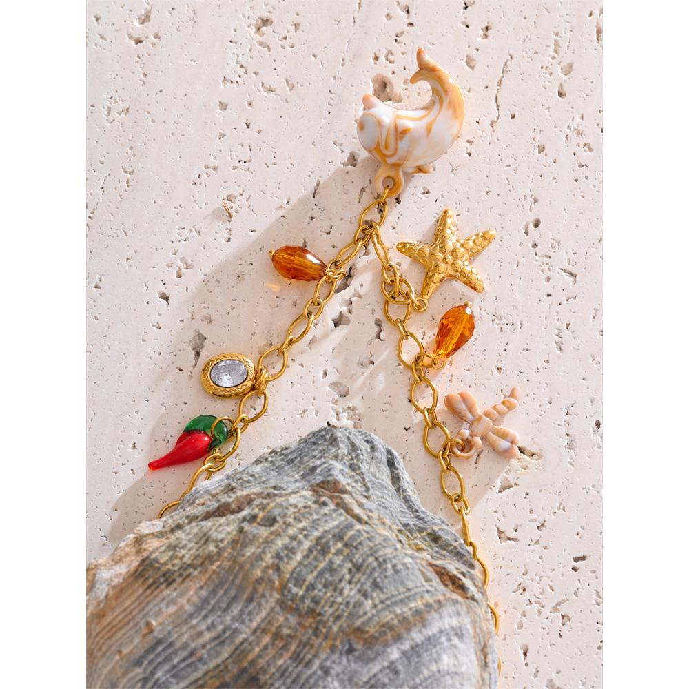 Yhpup Starfish Shell Resin Dolphin Conch Charms Pendant Trendy Necklace for Women Stainless Steel Ocean Series Golden Jewelry