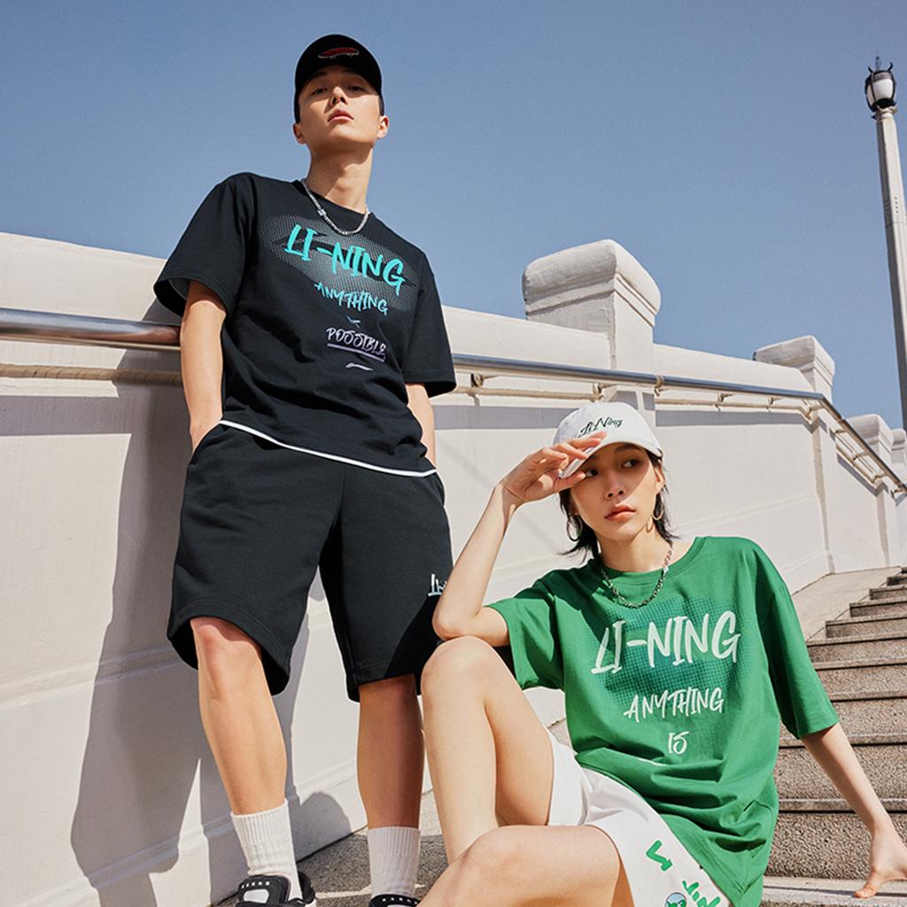Li Ning Sports Lifestyle Series High Street American Vintage Letter Print Loose Comfortable Short Sleeve T-Shirt Unisex Tops Black AHSU741-2