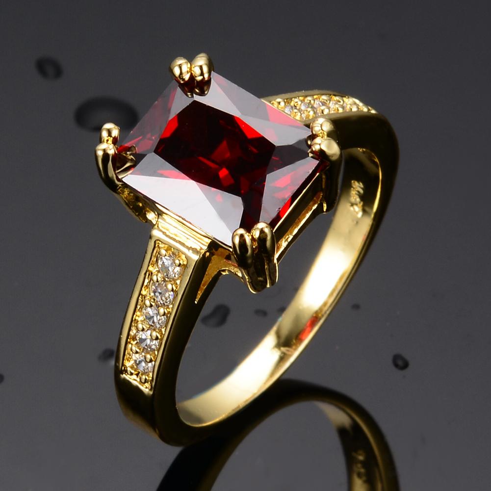 Luxury Female Red Crystal Stone Charm Gold Color Thin Wedding Jewelry For Women Vintage Square Zircon Engagement Ring