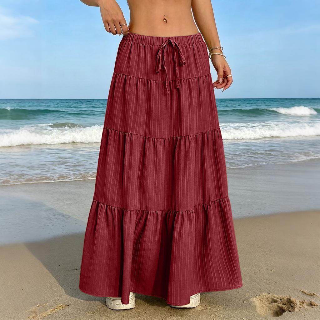 Women's Casual Elastic Waist Multi-Layer Maxi Skirt with Drawstring Adjustable Waistband Lightweight Long Skirt for Everyday Wear