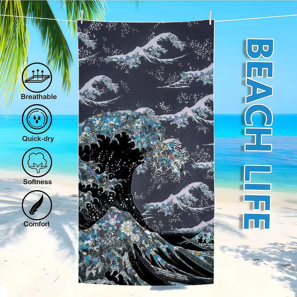 

Towel Textile Bathrobe Beach Quick-Drying Lightweight Portable Great Camping Swim Pool Hokusai Wave Travel W30*H60(CM)