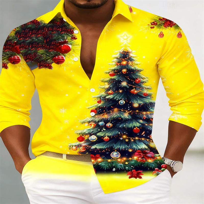 2026 Men's Christmas Tree Printed Men's Button Pocket Long Sleeve Shirt Large and Tall