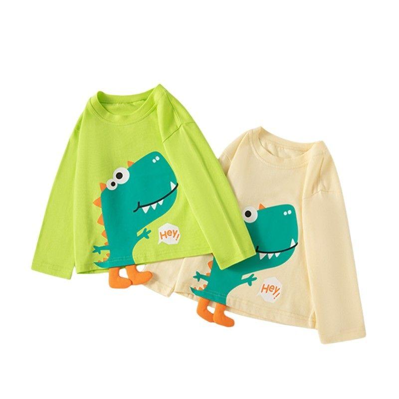 Children's Clothing Spring and Autumn Kidsren's Round Neck Long-Sleeved T-Shirt Bottoming Shirt Boys Stereo Dinosaur Top Baby Pure Cotton Clothes