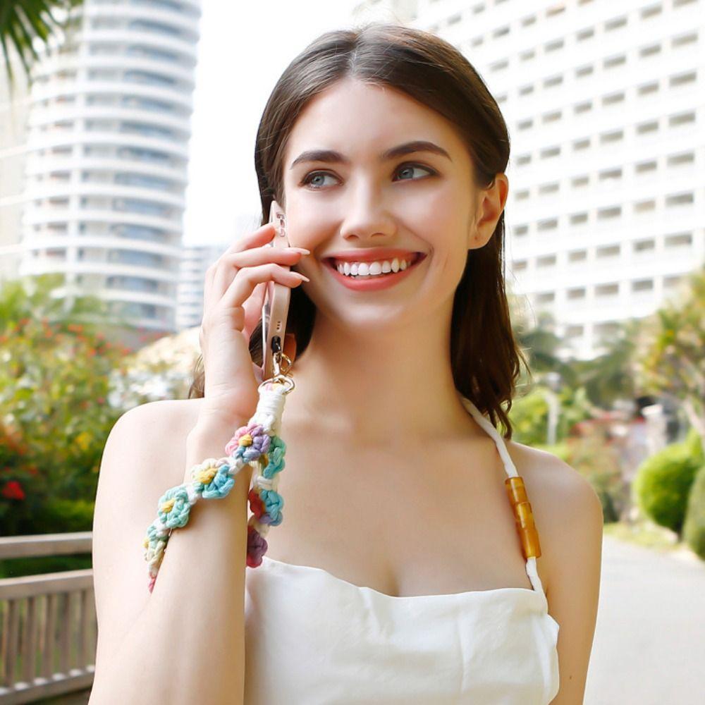 

Phone Wristband Flower Braided Key Chain Colorful Boho Phone Case Rope Earphone Case yellow-style1