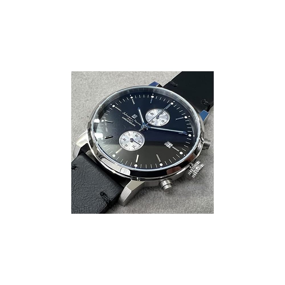 Salvatore Marra Unisex Analog Quartz Watch Slim Design Chronograph Leather Strap Silver Black
