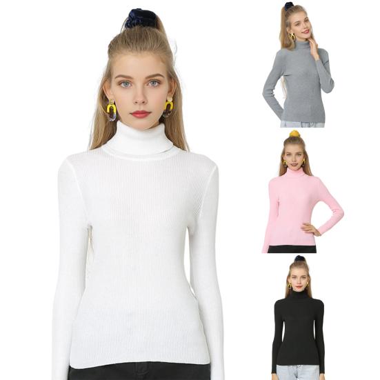 Women Tops High Collar Long Sleeve Slim Fit Elastic Knitting Tops Solid Color
