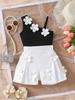 Summer Girls' 2-piece Set with Three-dimensional Flower Decorations, Single-shoulder Straps, and Flower-embellished Shorts