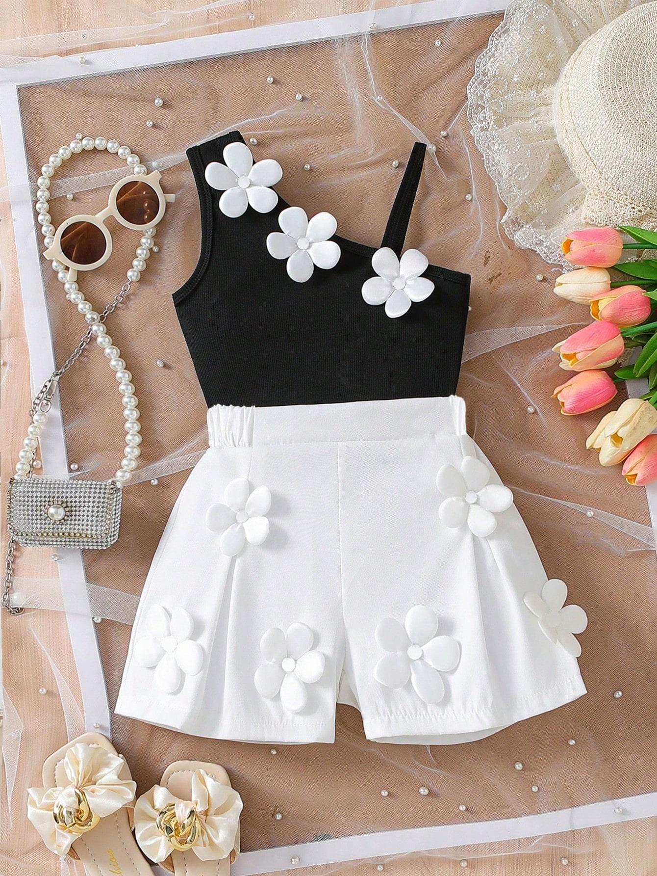 Summer Girls 2-piece Set with Three-dimensional Flower Decorations, Single-shoulder Straps, and Flower-embellished Shorts 6-9M алиса синий