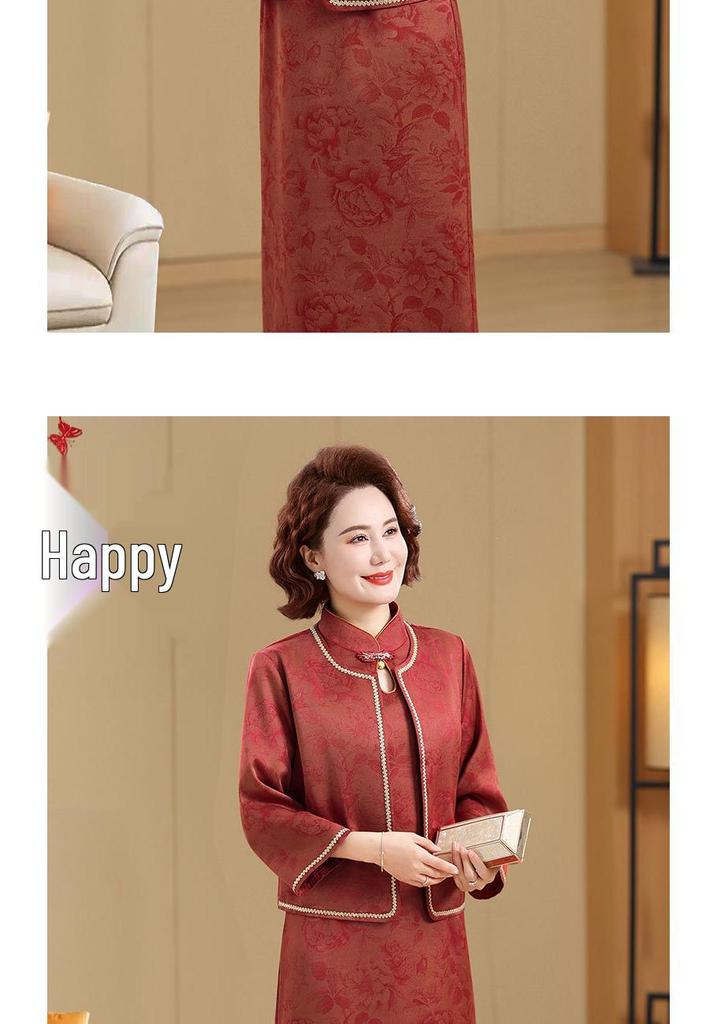 Spring/Autumn 2026 Mother-in-law Wedding Qipao - Elegant Two-Piece Medium Long Sleeve Dress