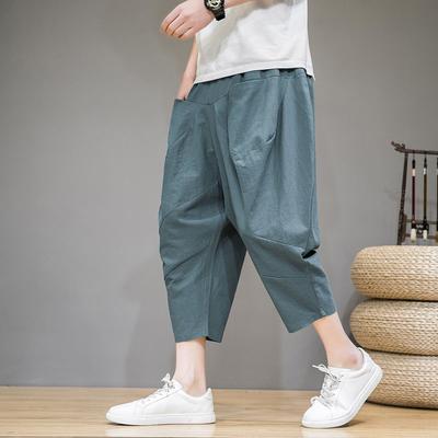 Men's Summer Loose Thin Chinese Style Linen Seven-Point Plus Size Wide-Leg Casual Harem Cotton-Linen Carrot Pants