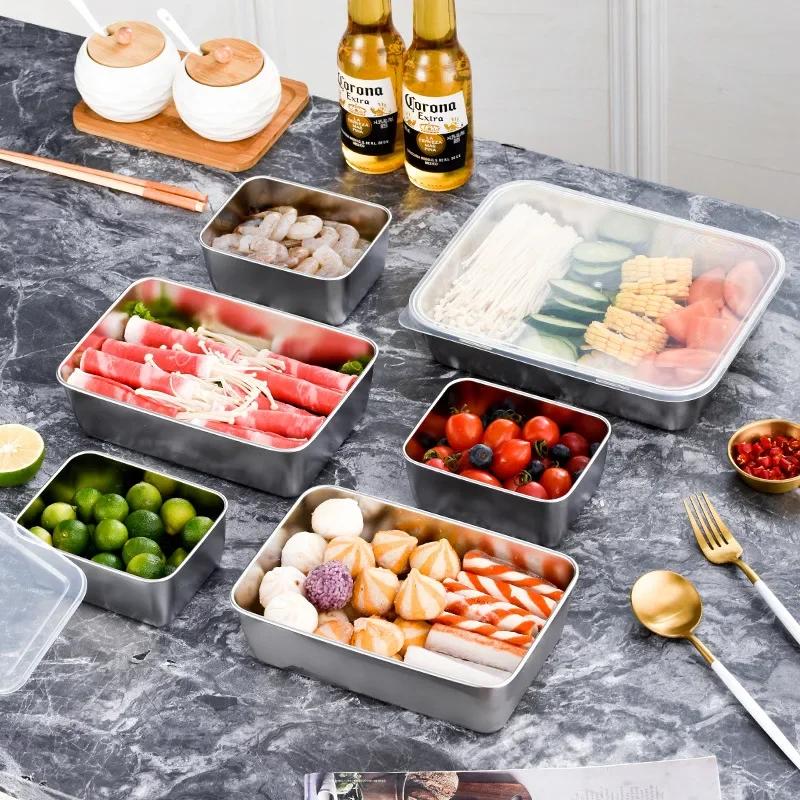 Thickened Stainless Steel Fresh-keeping Box Rectangular Square Plate Buffet Deepened Tray Fast Food Dish with Covered Square Box