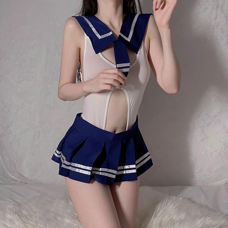 Sex Lingerie Sexy Fat M Student Uniform Open Crotch Onesie College Suit Passion Sailor Dead Library Water