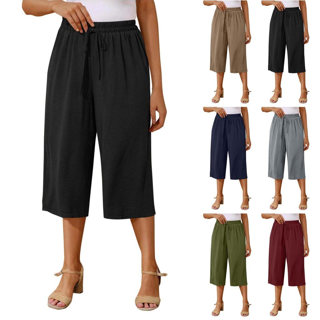 Women's High Waist Solid Color Casual Trousers Workout Pants 1/2 Shorts