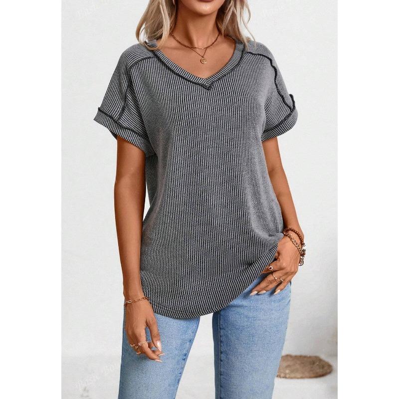 YYFS Women's Fashion Casual Summer Spring Solid Color Print Short Sleeve V-Neck Blouses & Shirts