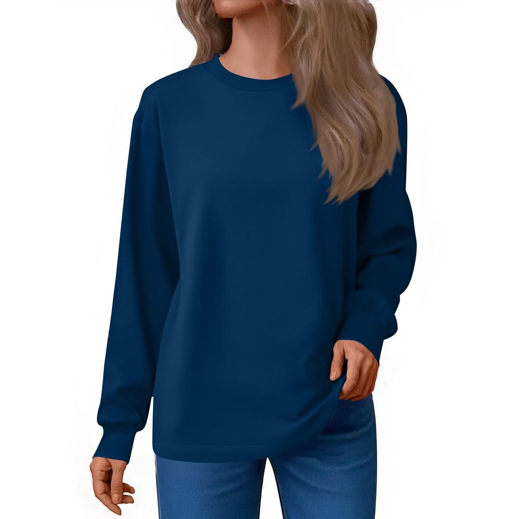 Women's Fashion Loose Round Neck T-Shirt Solid Color Casual Long Sleeve Top