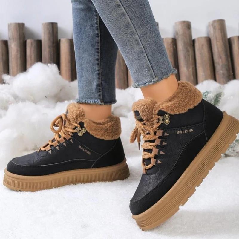 New Thick Bottom Women's Plush Lace Warm Shoes Outdoor Non slip Casual Shoes