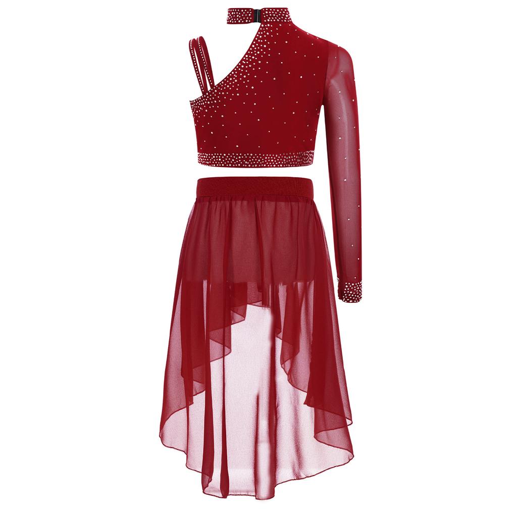 Girls Dance Costume Set Sparkly Rhinestones Crop Top with High-Low Chiffon Skirt