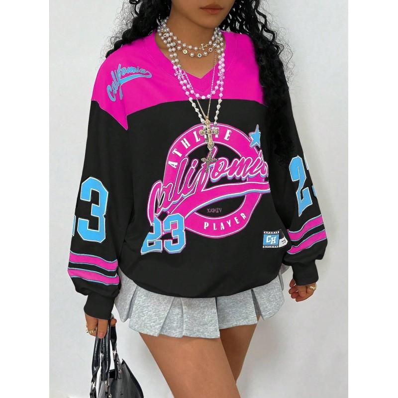 Womens Oversized Long Sleeve V-Neck Sweatshirt With Contrast Letter Print Casual Fall Top