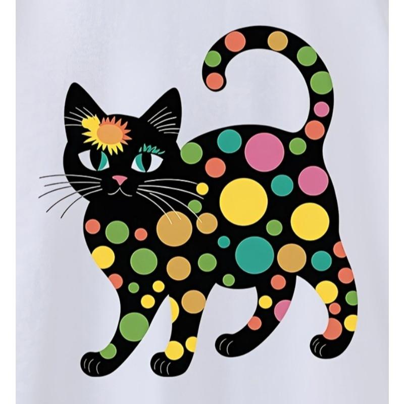 European Size Childrens Summer Short Sleeve "Colorful Spotted Black Cat" Print T-Shirt