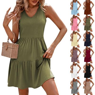 Women's Summer Fashion Casual V-Neck Pleated Patchwork Sleeveless Vest Dresses