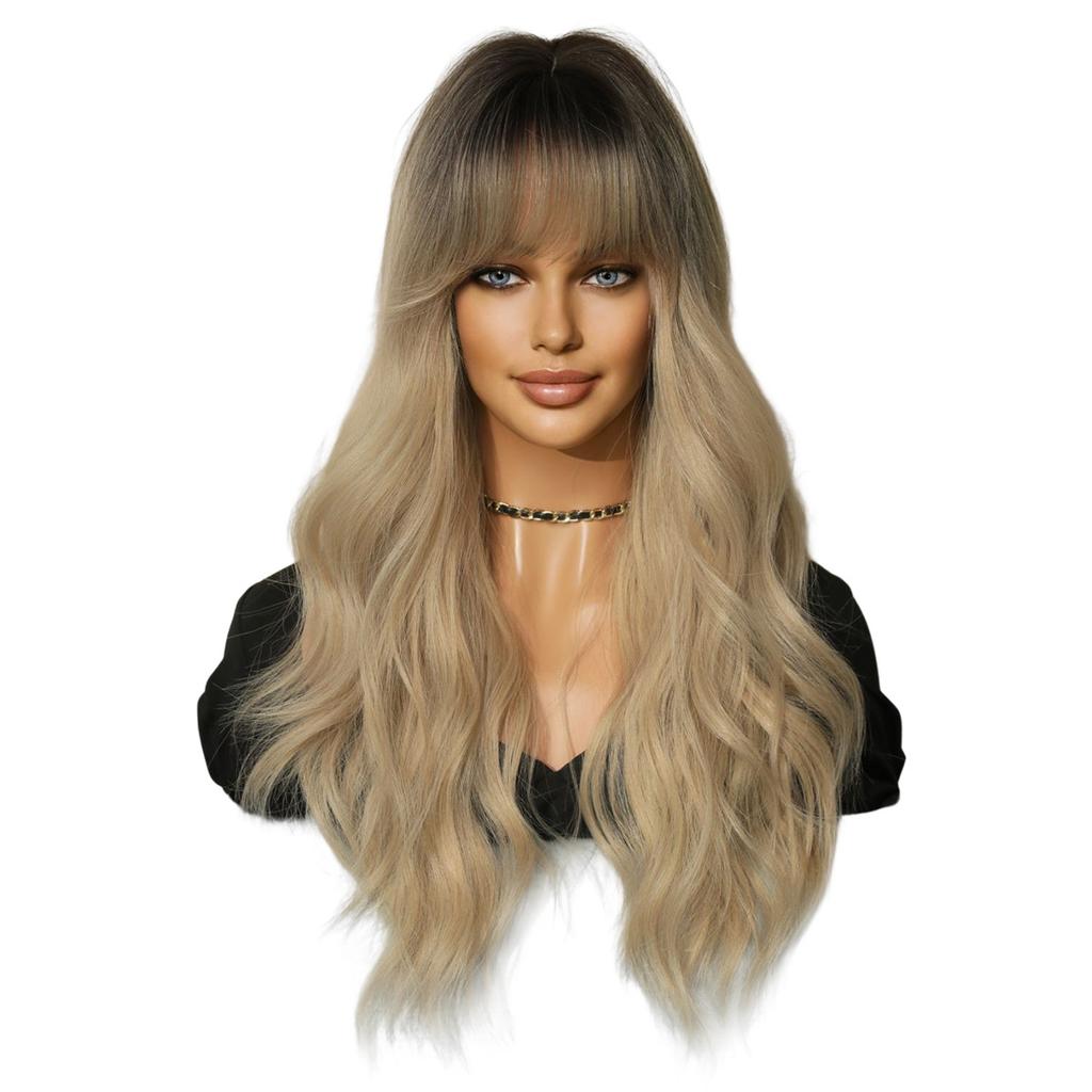 Attention To Ordering Wigs Women's Long Curly Hair In Golden Color With Big Waves Dyed Brown On Top Of Head Fluffy Wool