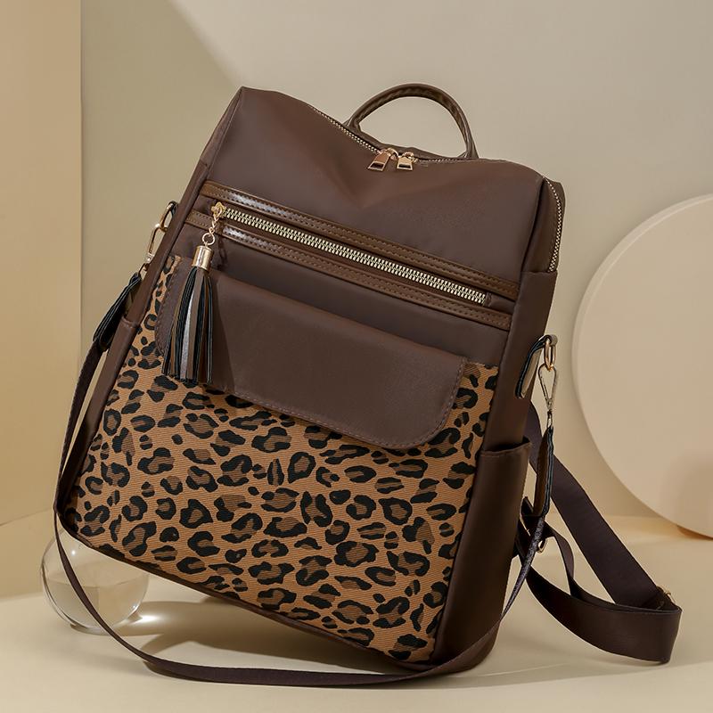 Patchwork Backpack Women's Leopard Print Backpack Large Capacity Schoolbag