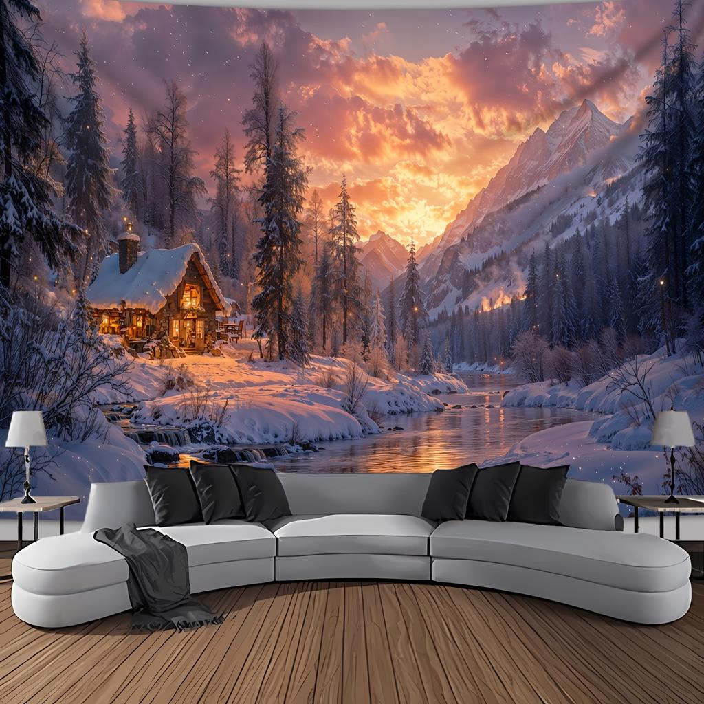 Enchanting Winter Wonderland Wall Tapestry For Living Room Decor, Featuring A Cozy Snow-Covered Cottage Nestled