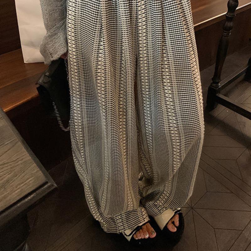 Designer Fall Retro Embroidered Plaid High-Waisted Wide-Leg Drapey Casual Pants for Women - Floor-Length