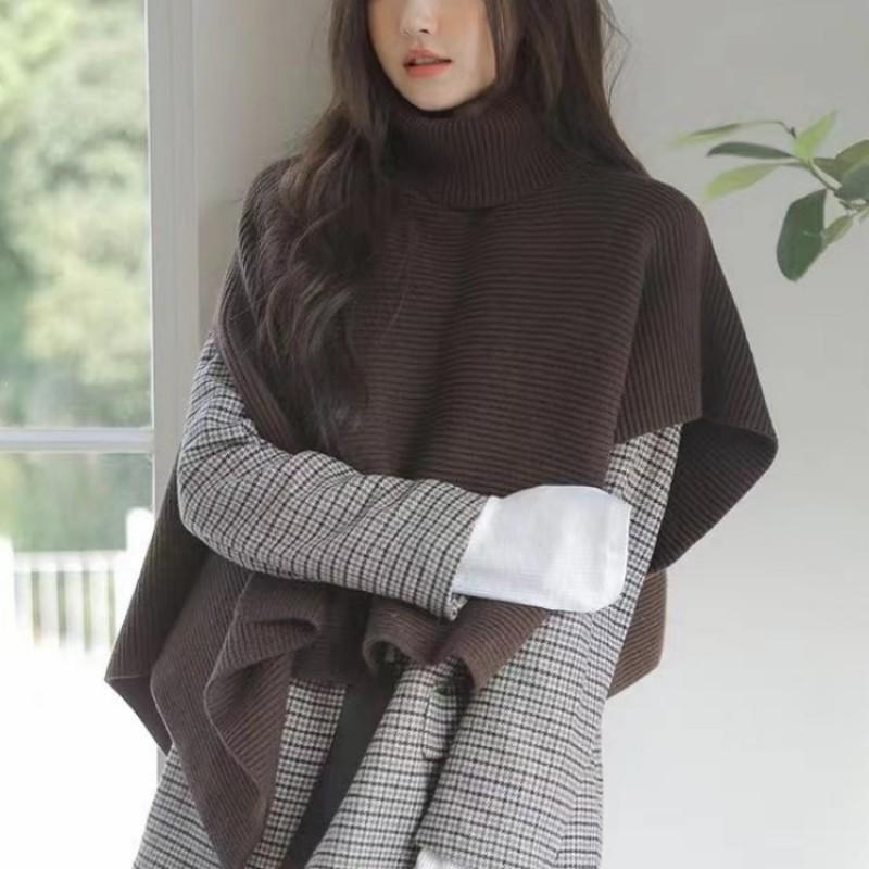 Womens Oversized Knit Cape Sweater Shawl High Neck Warm Thick Winter Cardigan Street Style