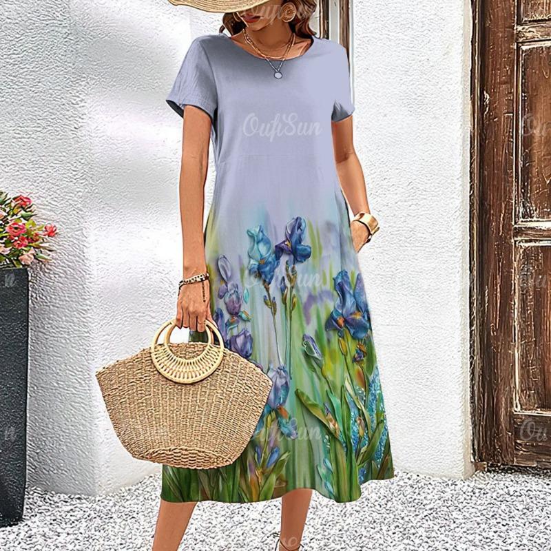 Women's Dresses Elegant Floral Printed Summer Vacation Midi Dresses Feamle Short Sleeve Dress Fashion Oversized Clothes