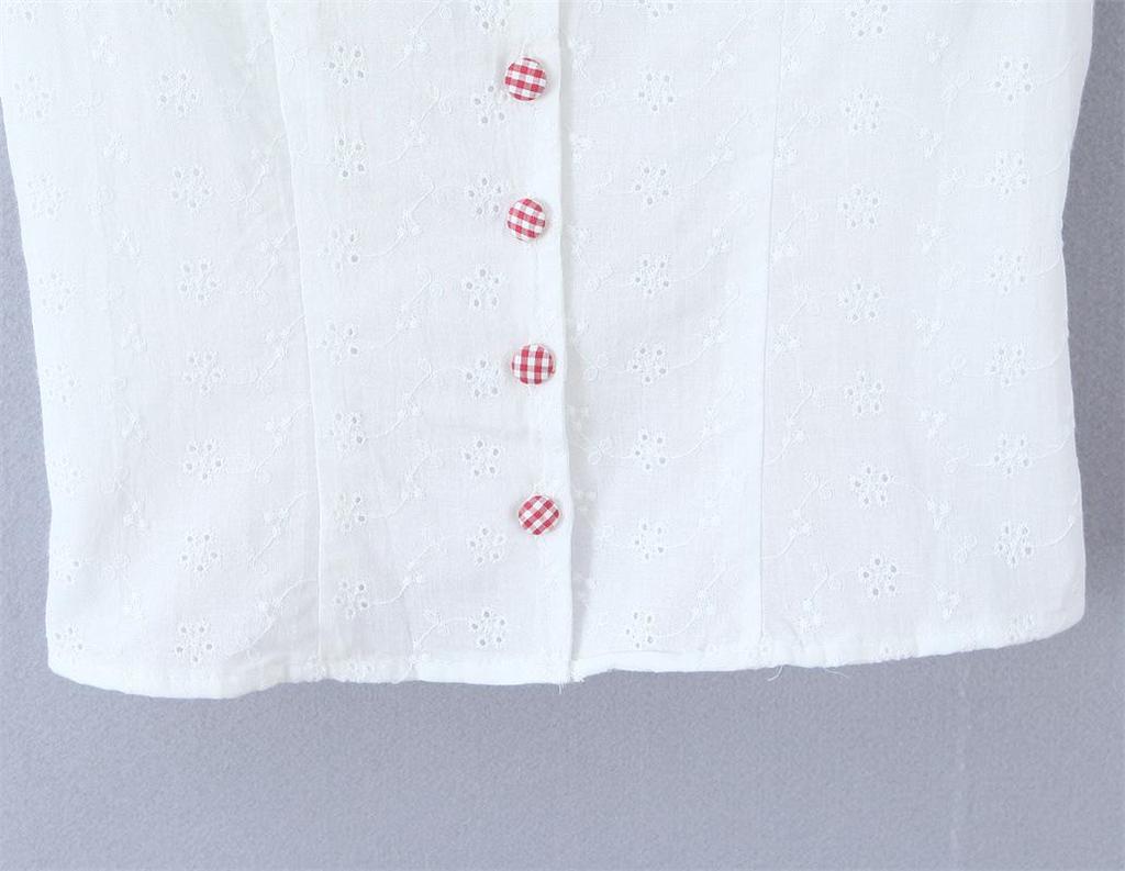 Chemise Blanche à Manches Bouffantes et Col en Dentelle - Haut Rétro pour Femme à Boutonnage Simple, Brodé et Cintré à la Taille