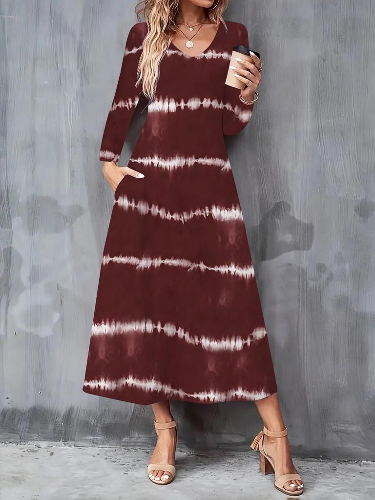 2025 Autumn and Winter New Women Casual Fashion Dress 3D Retro Pattern Print Long Sleeve V-Neck A-Line Dresses