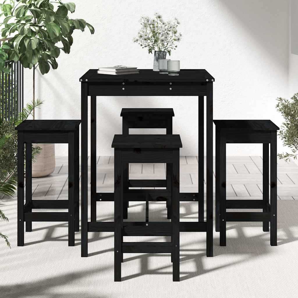 5 Piece Garden Bar Set Black Solid Pine Wood