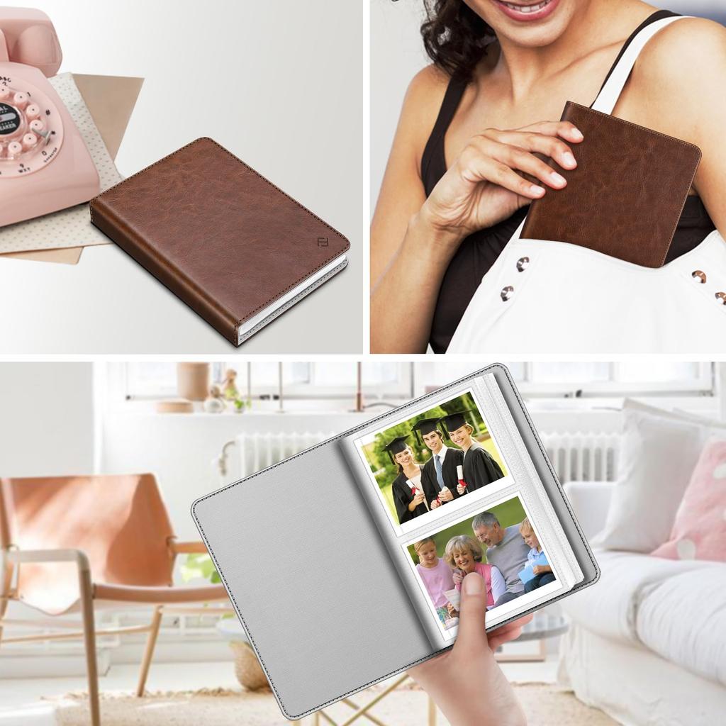 Fintie Zoll Fotoalbum für Polaroid Film Kleines Album Buch Kompatibel mit Fujifilm Instax Wide Polaroid Vintage Braun 3,5x4,25 - 64 Fächer